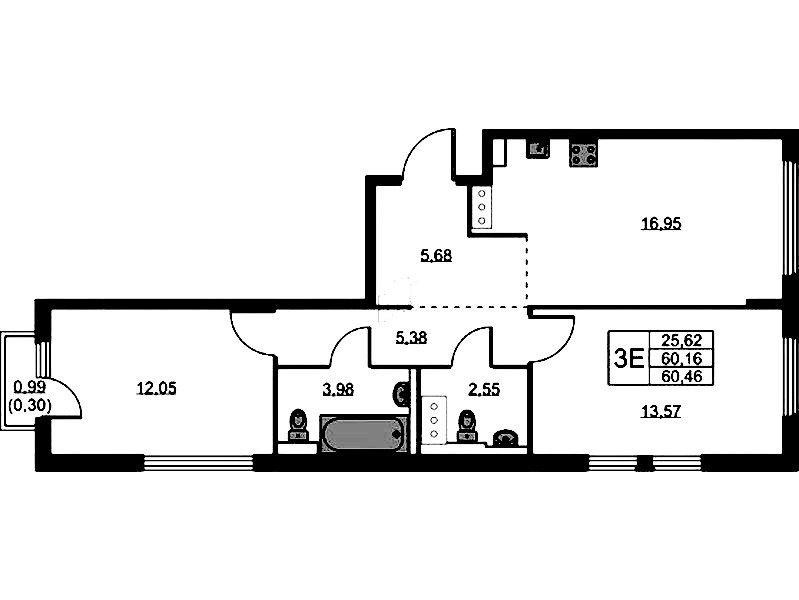 2-комнатная квартира 60.46 м², 11/11 эт., ЖК «Новое Колпино»